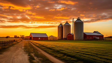 Grain silos at a small farm with a red house and barn.  Farm landscape with silos on a sunset time. AI generatedの素材