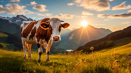Cow grazing on a mountain pasture in a summer, panoramic view with mountain range and beautiful sunset. AI generatedの素材