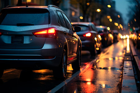 Cars moving on the urban road at dusk in autumn. Transport in the city. Traffic jams in the city, rush hour. AI generatedの素材