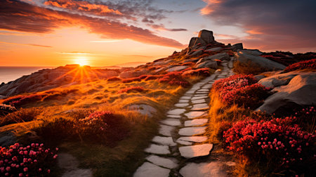 Extremely beautiful natural landscape with pathway alongside sea coast at the sunset. AI generatedの素材