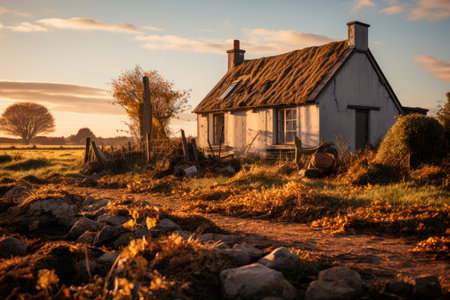 Old house with mossy roof on a rural landscape. AI generatedの素材