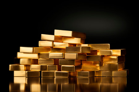 Irregularly shaped gold blocks stacked together on a dark background. Gold bullion stack. Financial concept. Set of gold bars. AI generatedの素材