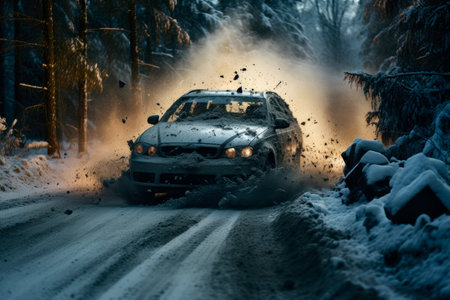 Car crash on the forest road at winter. Dangerous conditions in winter driving with ice, snow and snatch. AI generatedの素材