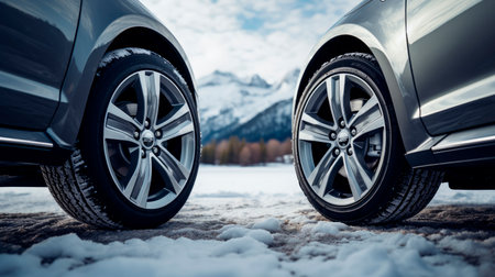 Two cars stopped on the roadside with a winter landscape. Road safety. AI generatedの素材