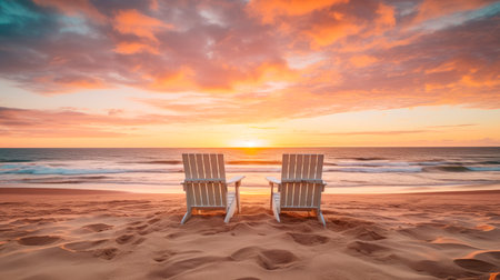 Empty wooden chairs on the sandy beach near the sea on sunset. Summer holiday and vacation concept for tourism.AI generatedの素材