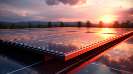 Photovoltaic modules solar power plant on dramatic sunset sky background. Clean alternative power energy concept. AI generatedの素材
