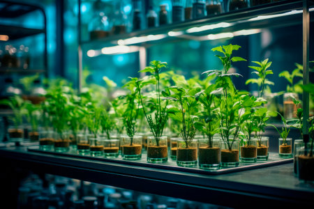 Biology laboratory plants, plants science in lab. Growing plants under sterile conditions. Micropropagation of flowers and trees in the laboratory under artificial lighting.AI generatedの素材