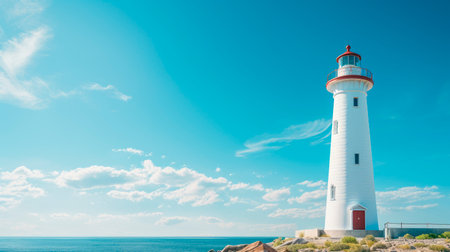 White lighthouse on sunny day with blue sky. AI generatedの素材