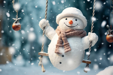 Happy snowman on a swing, jolly picture that captures the spirit of the winter season.AI generatedの素材