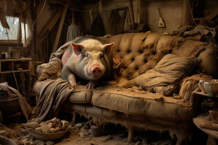Mess, disorder and interior concept - view of messy home living room with a pig lying on sofa. AI generatedの素材