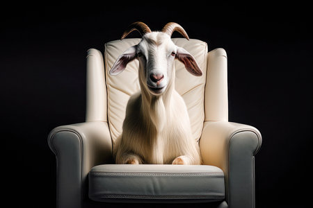 A white leather luxury armchair with a funny goat sitting on it. AI generatedの素材