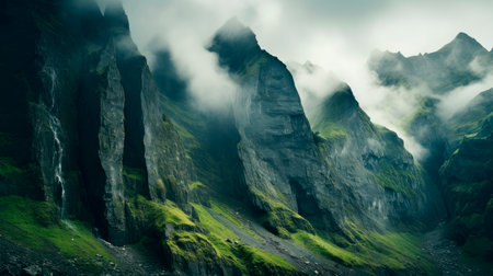 Clouds covering the top of a mountains. AI generatedの素材