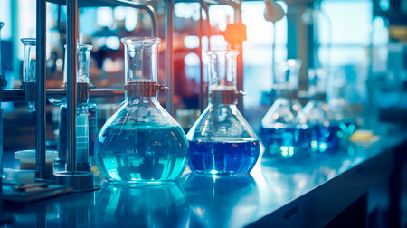 Clear glass beakers and glassware in medical science lab. AI generatedの素材