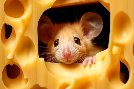 Tiny mouse looking out of the hole in the yellow cheese. AI generatedの素材