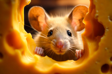 Tiny house mouse peeking out of the hole in the yellow cheese. AI generatedの素材