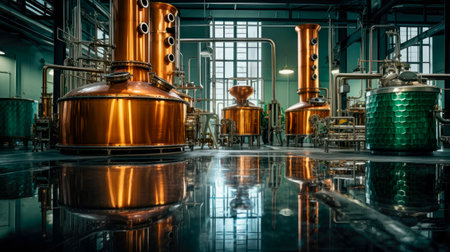 Modern cooper tanks at a whiskey distillery. Brewery production inside the factory. AI generatedの素材