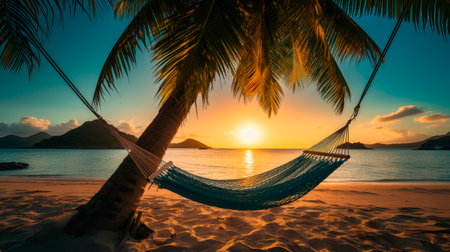 Empty hammock on the beach of tropical island. Hammock on a palm tree during beautiful sunset. AI generatedの素材