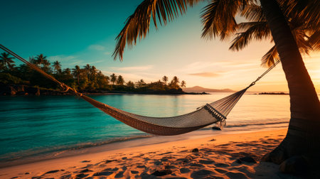 Empty hammock on the beach of tropical island. Hammock on a palm tree during beautiful sunset. AI generatedの素材