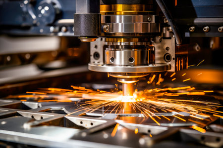 Automatic cnc laser cutting machine working with sheet metal with sparks at factory.Metalworking, machining, industrial, equipment, technology, manufacturing concept. AI generatedの素材
