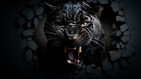 Angry panther breaking the wall. Panther looking out of a hole in the wall. AI generatedの素材
