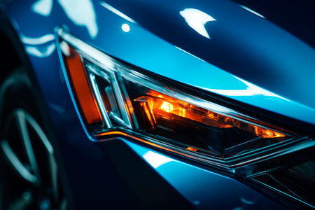 Close up view on one of the LED headlights of modern car. AI generatedの素材