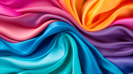 Twisted rainbow colored fabric. Color satin smooth twisted fabric, top view. AI generatedの素材