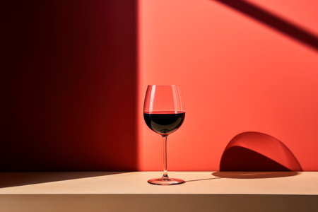 Red wine in glass on a table against red wall with shadow. AI generatedの素材