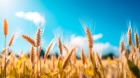 Gold wheat field and blue sky. Close up of wheat ears, field of wheat in a summer day. Harvesting period. AI generatedの素材