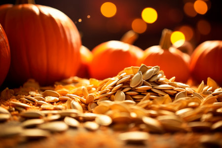 Pumpkins with pumpkins seeds on a garden. Autumnal background. AI generatedの素材