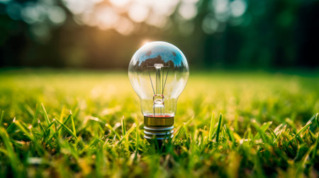 Simple light bulb on green grass and sunlight in nature. Concept of energy saving. AI generatedの素材