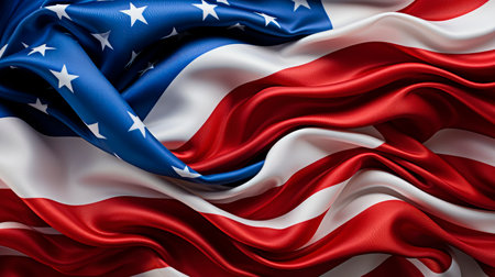 Close up of ruffled American flag. Satin texture curved flag of USA. 4th of july Independence day concept. AI generatedの素材