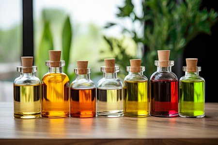 Selection of essential oils with nature in the background. AI generatedの素材