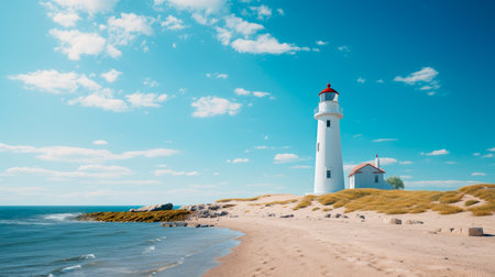 A white lighthouse on a sunny summer beach. AI generatedの素材