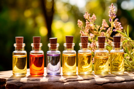 Selection of essential oils with a sunny natural background. AI generatedの素材