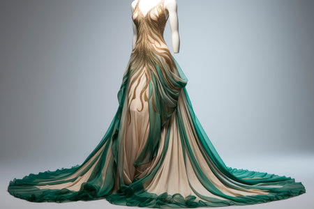 Beautiful evening dress on a mannequin. High quality dress with detailed drapery, light beige and green color. AI generatedの素材