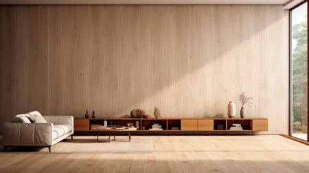 Modern living room in house with wooden wall and contemporary interior design. AI generatedの素材