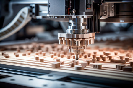 Close-up of machine with numerical control cuts wood. Cnc technology.Machining by cutting wood details using special equipment. AI generatedの素材
