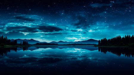 Beautiful blue night sky with many stars on a lake with mountains on the other coast. AI generatedの素材