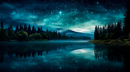 Beautiful night sky with many stars on a lake with  forest and mountains on the other coast. AI generatedの素材