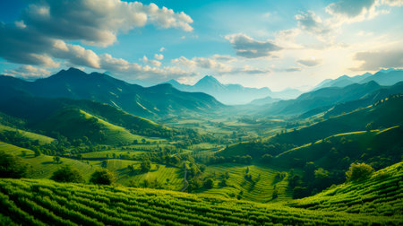 Green valley with tea plantations. Beautiful landscape view of tea plantation on bright sunny day. AI generatedの素材