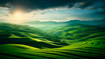 Green valley with tea plantations. Beautiful landscape view of tea plantation on a sunset. AI generatedの素材