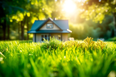 Green grass with a house on blurred background. Conceptual representation of a green home and environmentally friendly construction. AI generatedの素材