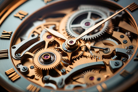 Closeup of clock mechanism gears, time and deadline concept. Vintage watch machinery macro detail. AI generatedの素材