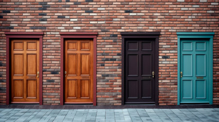 Brick wall with a four different color wooden doors, right choice concept. Closed doors with different color outdoors on a street. AI generatedの素材