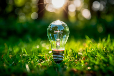 Environmental protection, renewable, sustainable energy sources. The light bulb in a green grass that represents green energy. Renewable energy that is important to the world. AI generatedの素材
