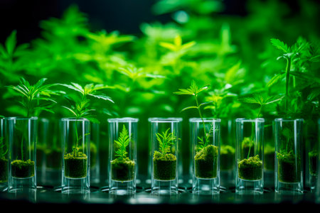 Genetically modified plants. Plant seedlings growing inside of test tubes at lab. AI generatedの素材