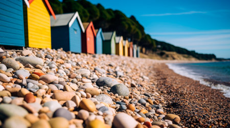 Low angle shot of stones on a beach with a huts lined up on the background. AI generatedの素材