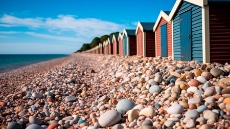 Close up of stones on a beach with a huts lined up on the background. AI generatedの素材