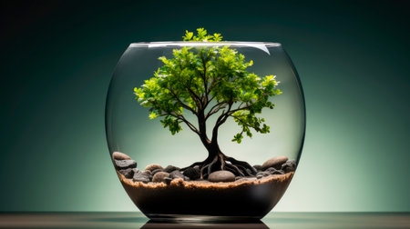 A tree growing in the soil inside a large glass bowl. Still life with bonsai  tree in the glass flowerpot.  AI generatedの素材