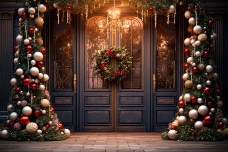 Ornate wooden door with Christmas garland around the door and a wreath on the door. Christmas Decoration on the Door. AI generatedの素材